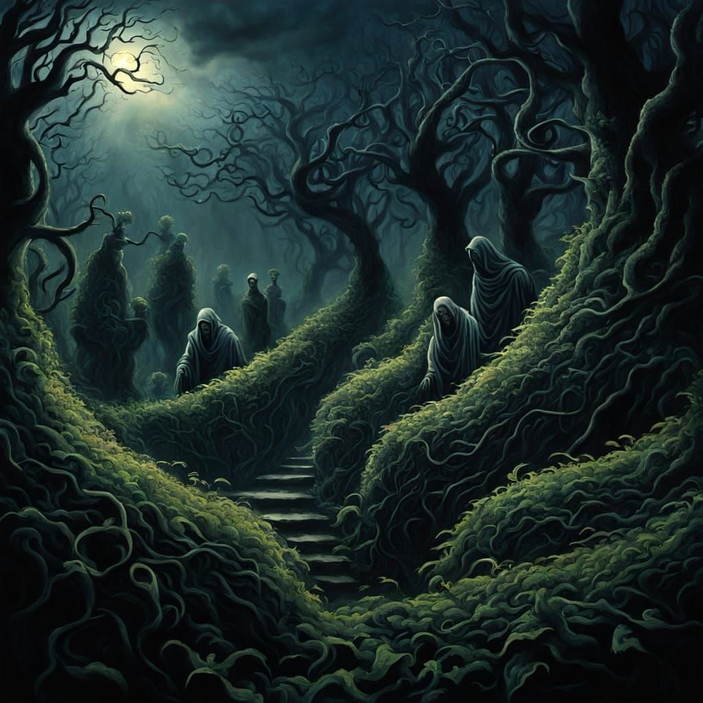 Ominous Hedge Maze with Hidden Statues