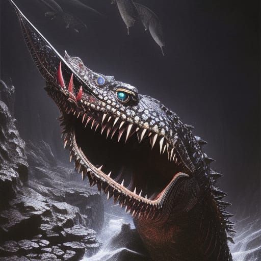 Nightmarish Scaled Creature in Dramatic Lighting