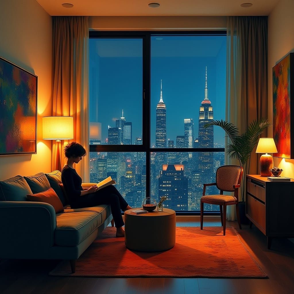 Modernist Apartment at Night in Abstract Expressionist Style