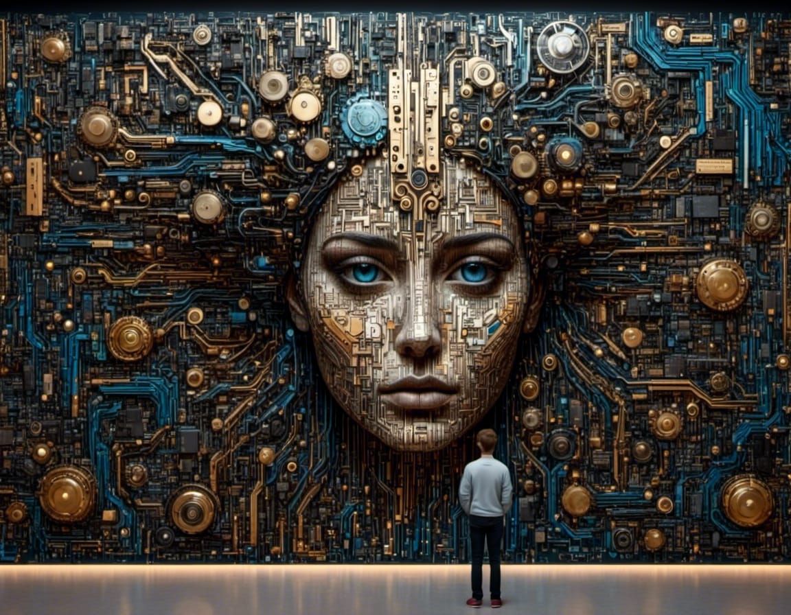 College Student Gazes at Motherboard Collage in Museum