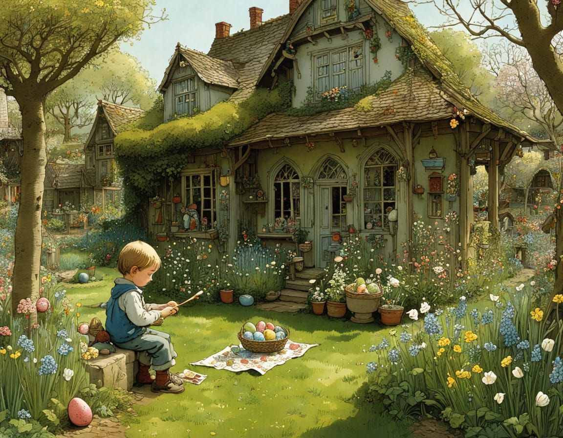 Children Paint Easter Eggs Together in a Vibrant Garden Scen...