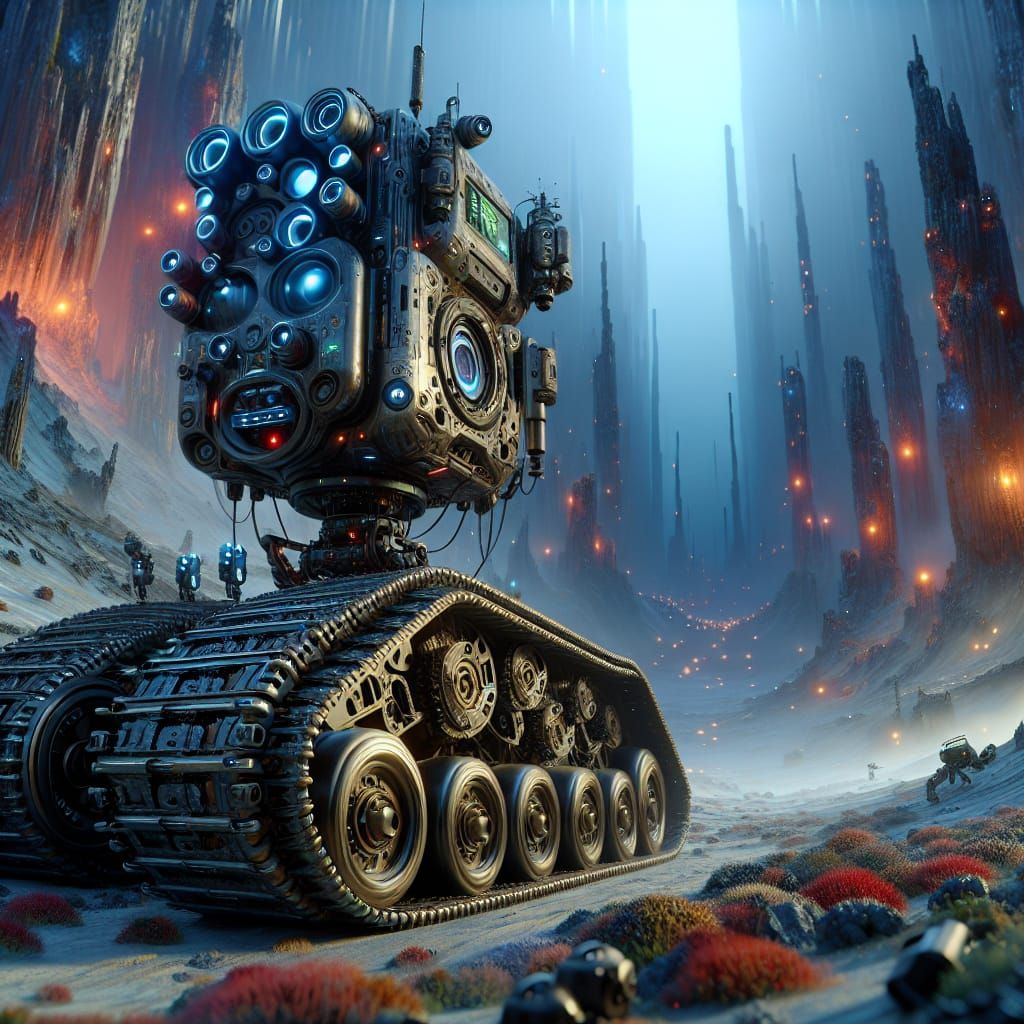 Caterpillar Robot Patrols a Fantasy Landscape