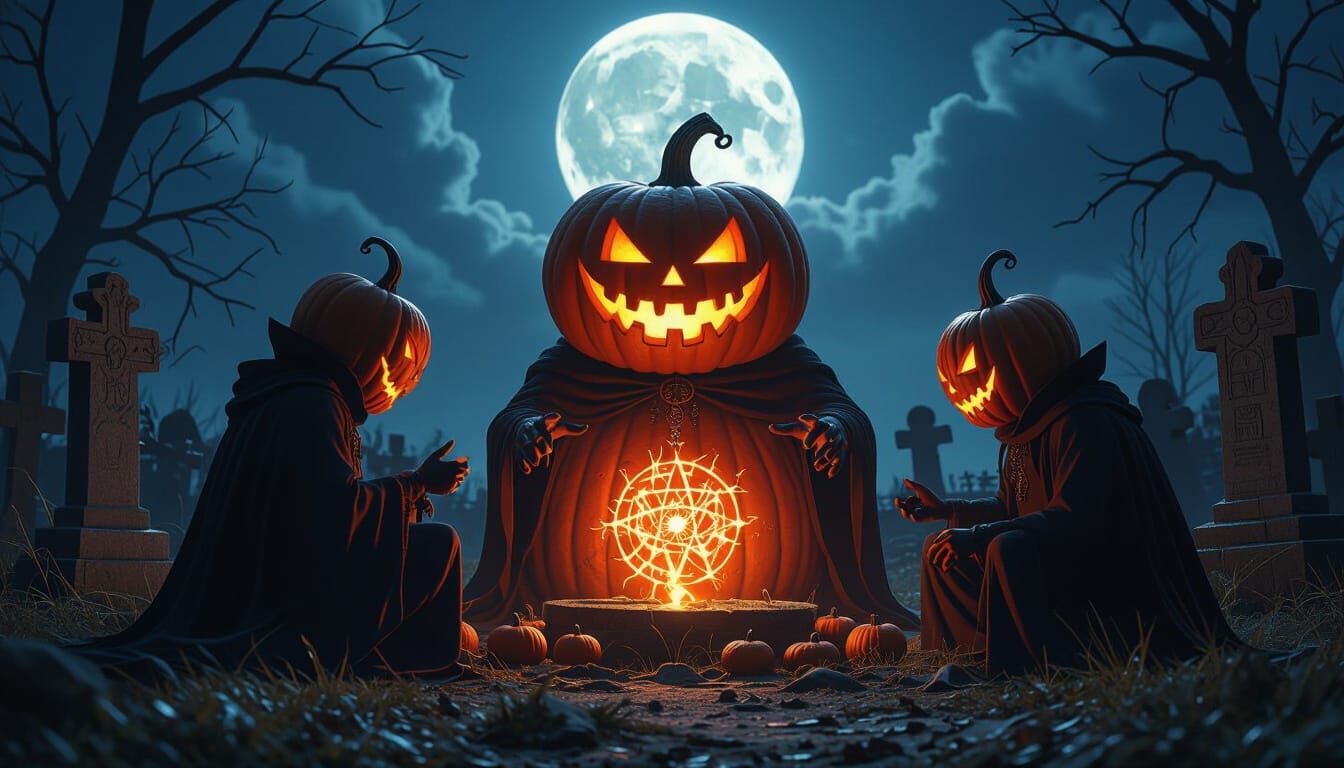 Malevolent Pumpkin Coven Ritual in Moonlit Graveyard