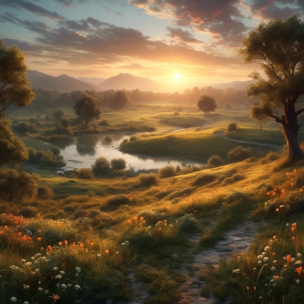 Hyperrealistic Dawn Over Serene Countryside Landscape
