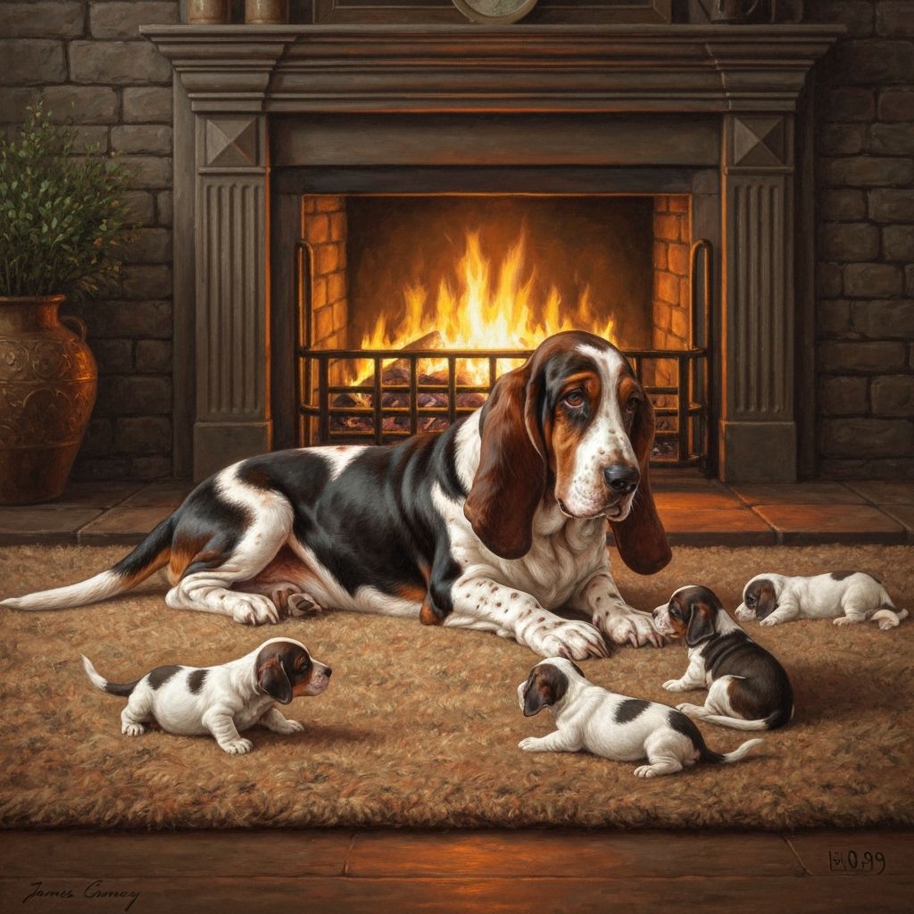 Bassett Hound Watches Puppies Play by Fireplace in Oil Paint...