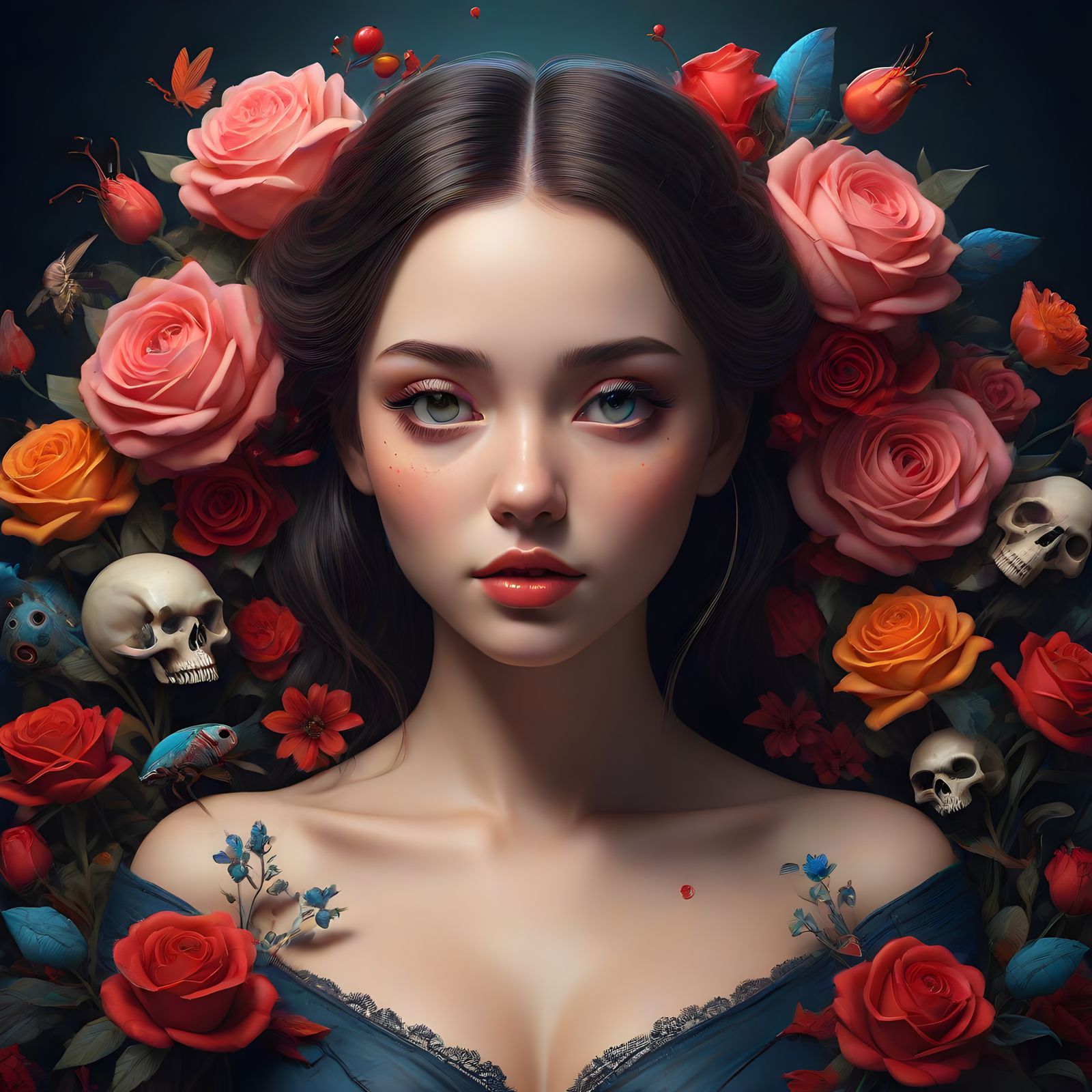 Portrait with roses and skulls