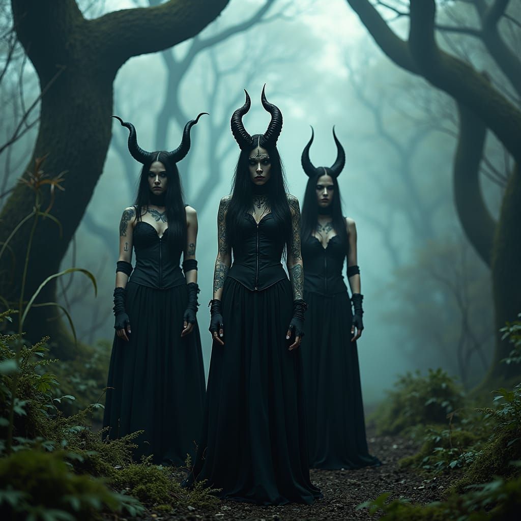 Gothic Demon Women in Ethereal Forest