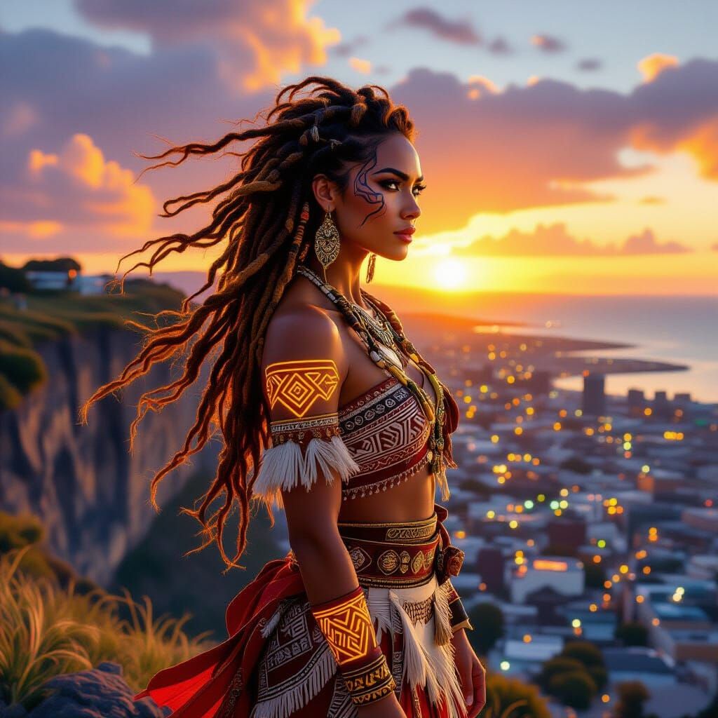 Maori Woman Overlooking City at Sunset in Fantasy Art Style