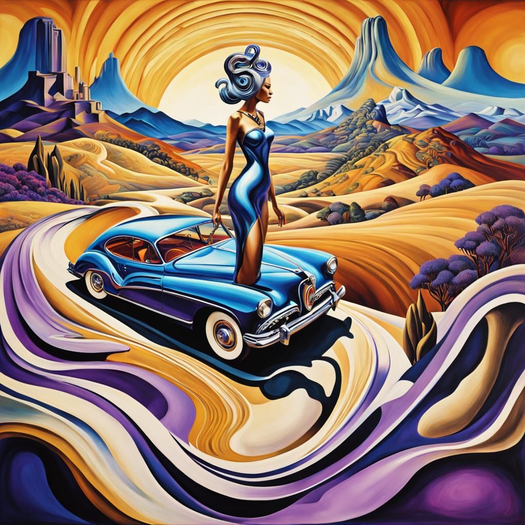 Cyberpunk Goddess Drives Through Dreamlike Landscape in Vibr...