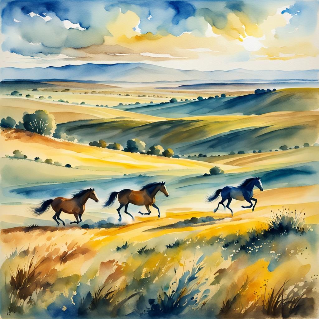 Prairie Horses Galloping: Watercolor Landscape