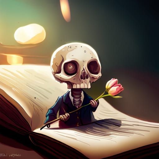 Cute Skeleton with Tulips: Fantasy Book Illustration