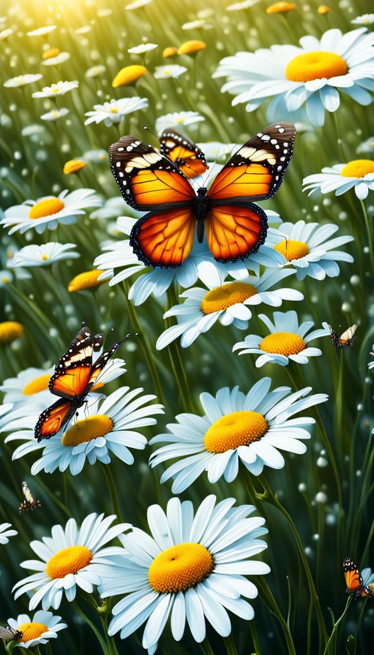 Butterflies in Dewy Daisy Field: Digital Matte Painting