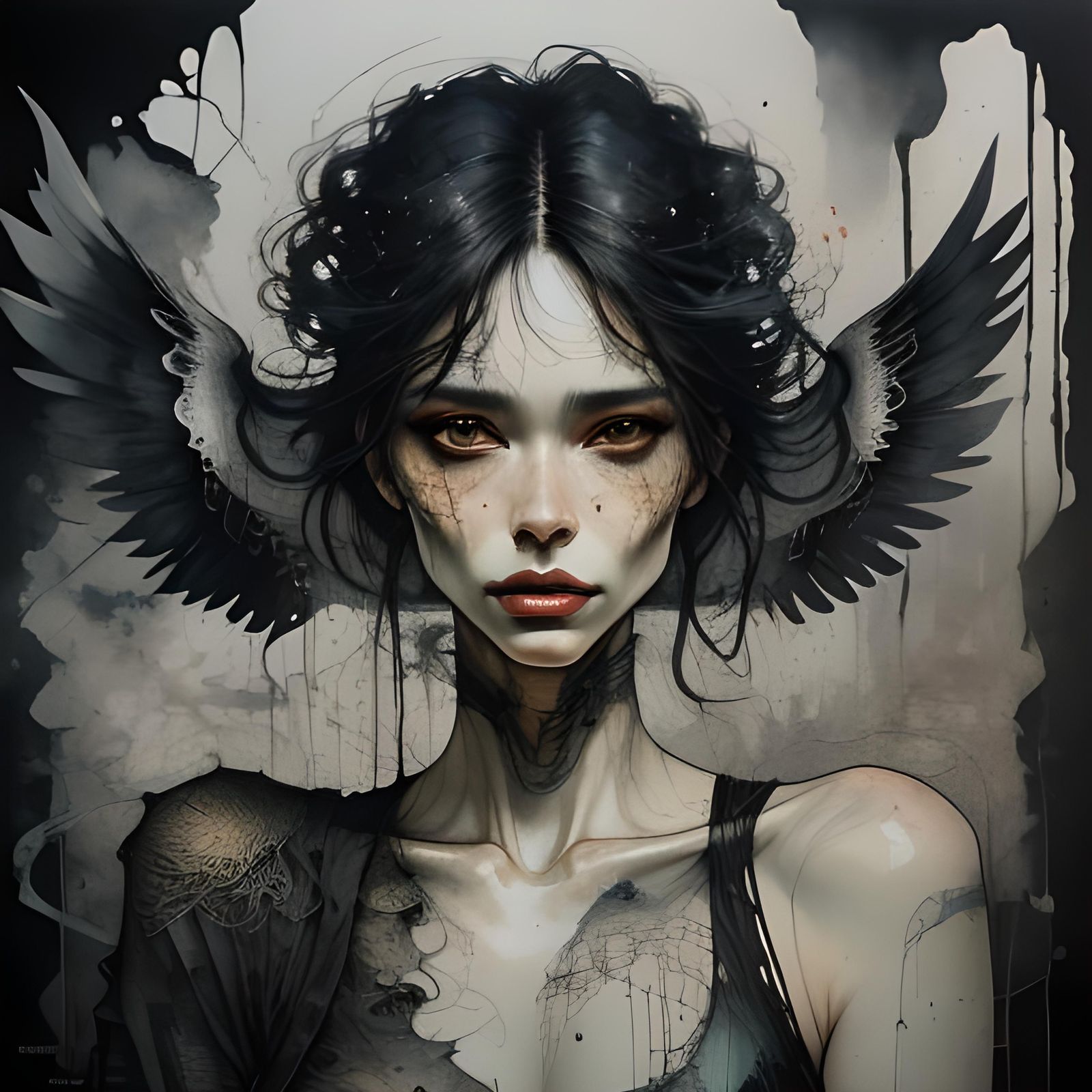 Fallen Angel Ink Drawing in Style of Kashin