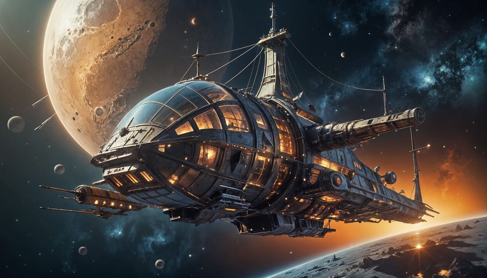 Retro-Futuristic Space Caravel in Dramatic Outer Space