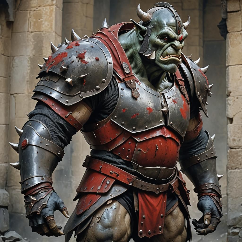 Muscled Ogre in Dark Armor with Massive Weapons