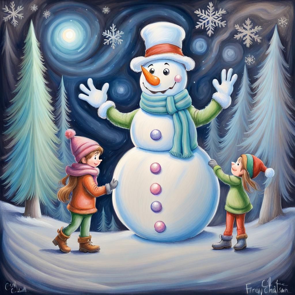 Elves Build Frosty in Winter Wonderland Chalk Art