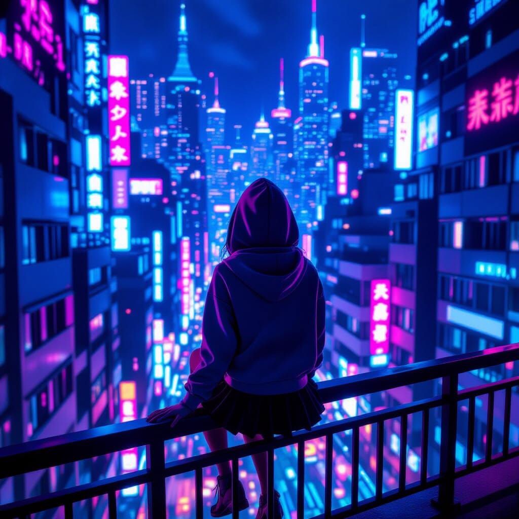 Cyberpunk Cityscape Girl on Balcony in Neon Glow