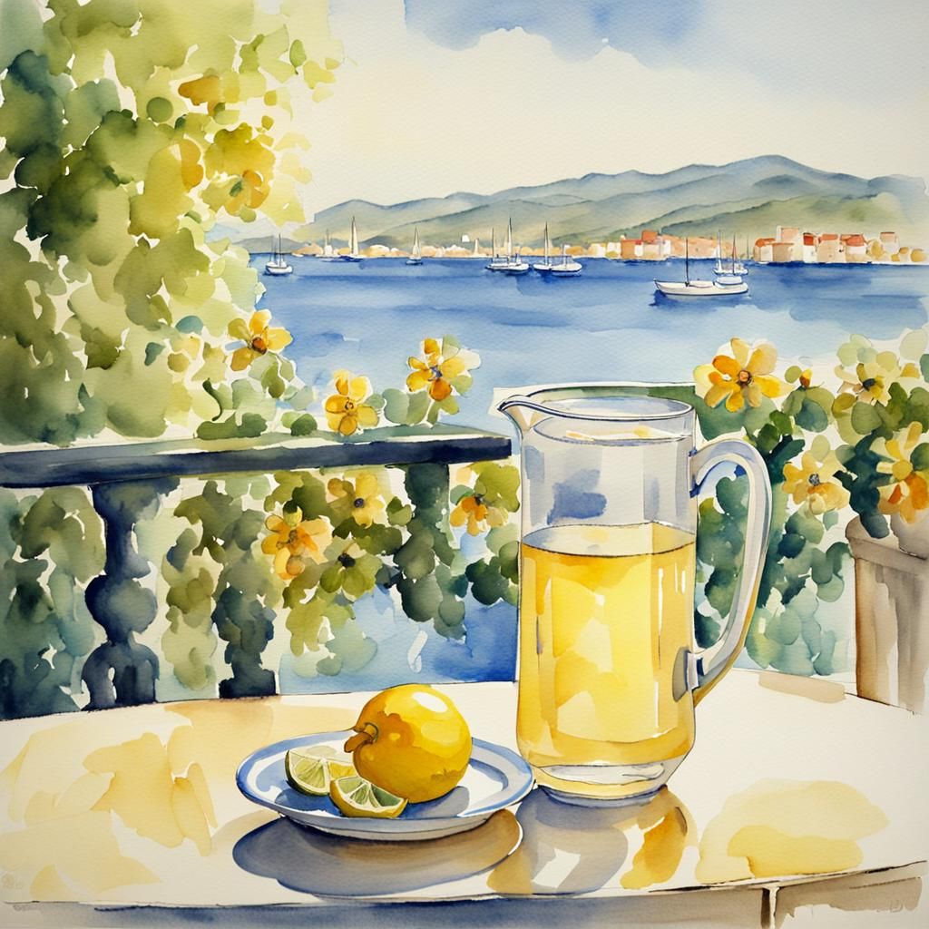 Pastis on a Terrace: Watercolor Painting with Sea View
