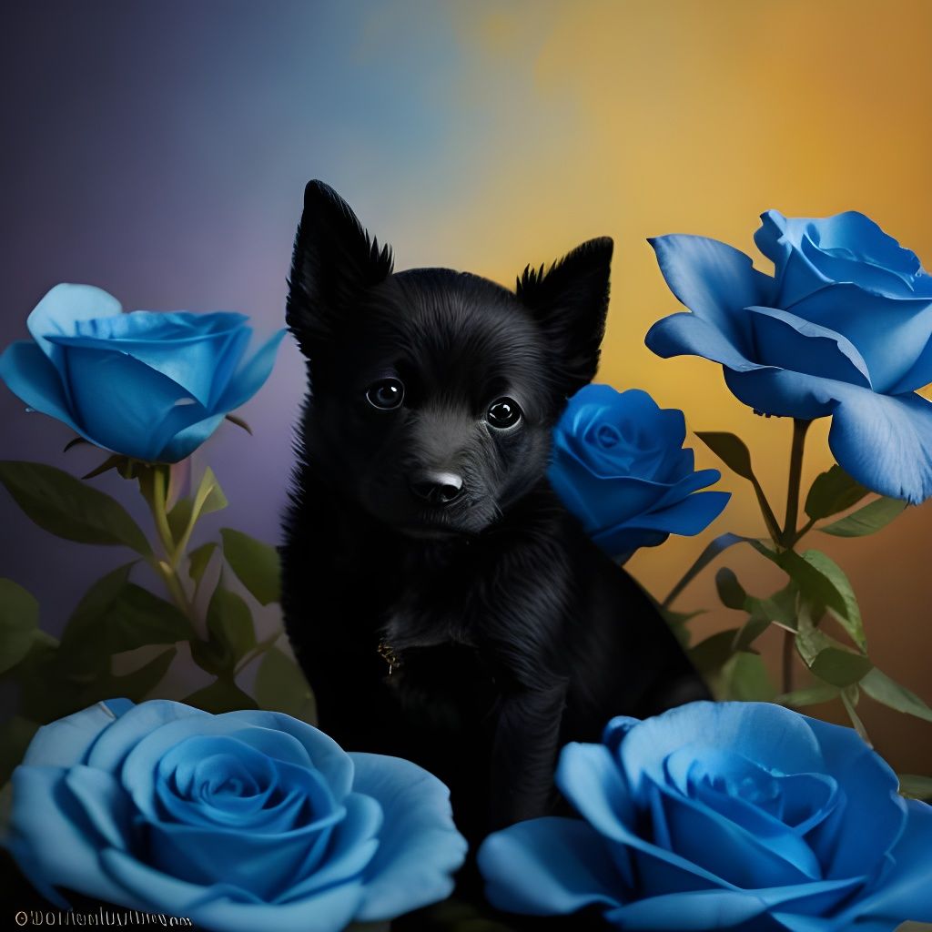 Puppy in Blue Rose: Detailed Fantasy Art