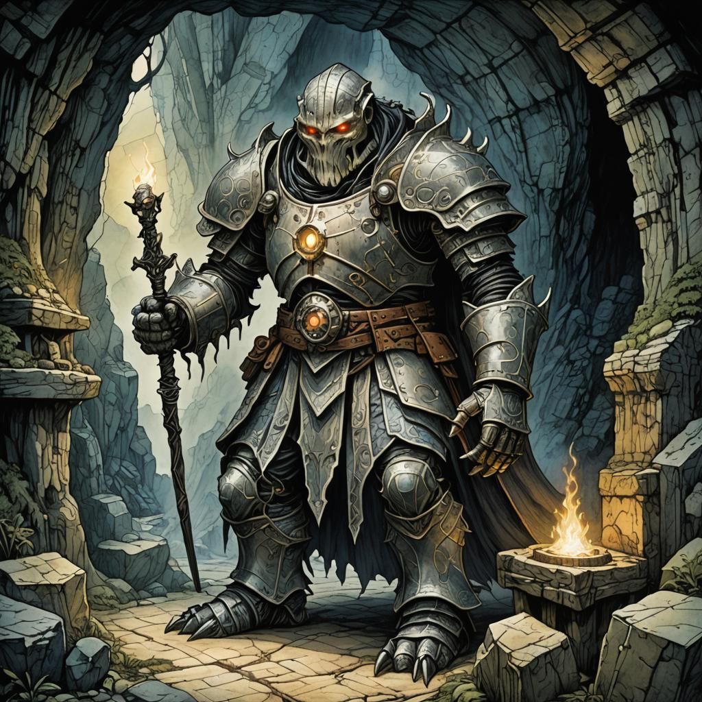 Tech Golem in Mage Cave: Retro D&D Illustration