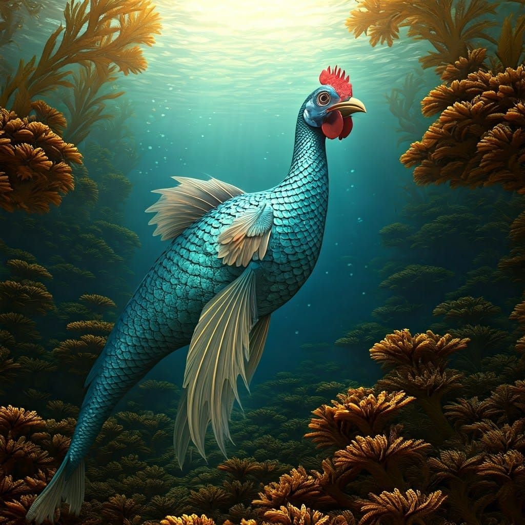 Surreal Aquatic Avian Hybrid in Vibrant, Dreamlike Underwate...