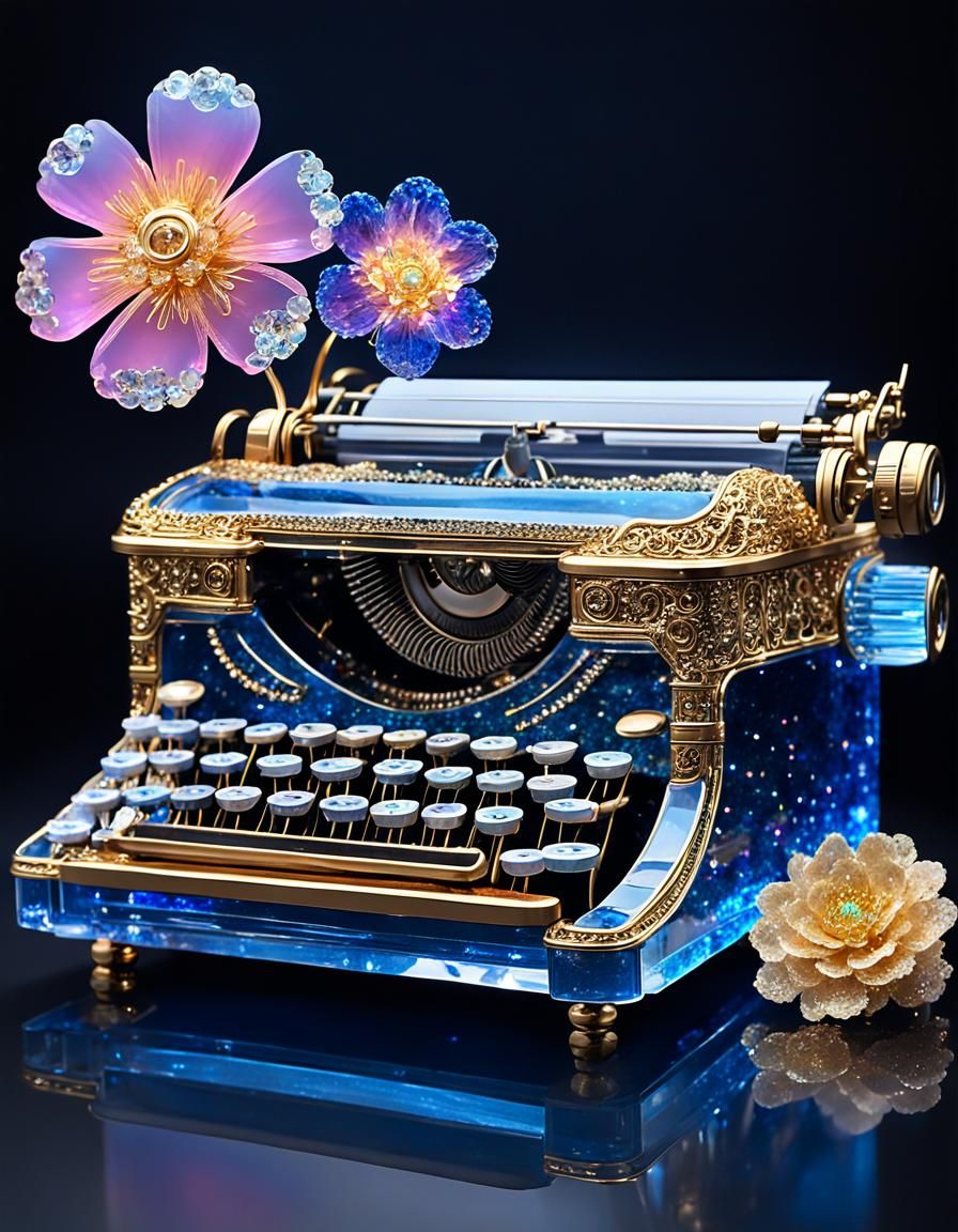 Crystalline Bioluminescent Typewriter on Flower, 3D Render