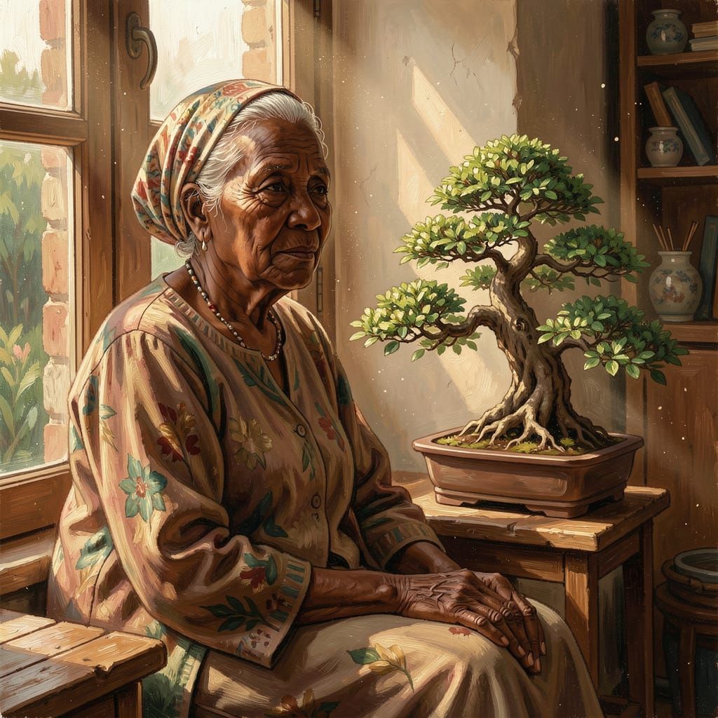 Elderly Woman Contemplating Bonsai in Warm Light
