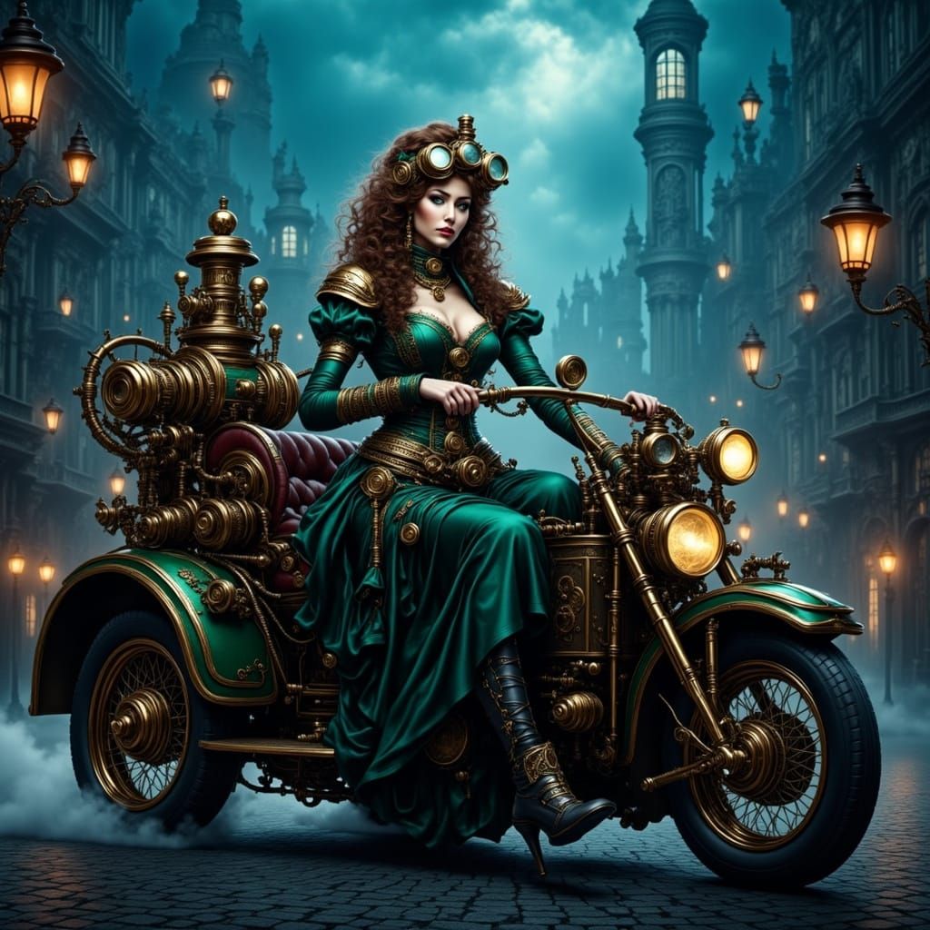 Steampunk Goddess on a Vintage Steam-Powered Chariot