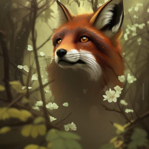 Fox Portrait Under Cherry Blossoms, Hyperdetailed Art