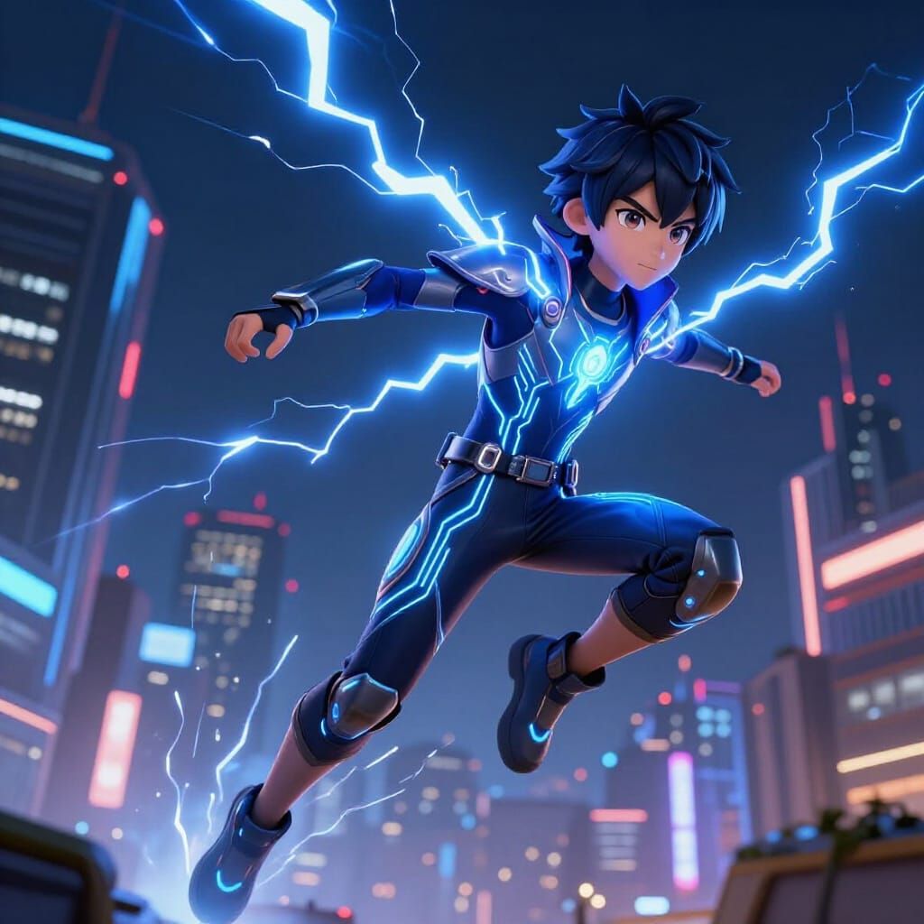 Heroic Lightning Boy Leaping Through Futuristic Cityscape