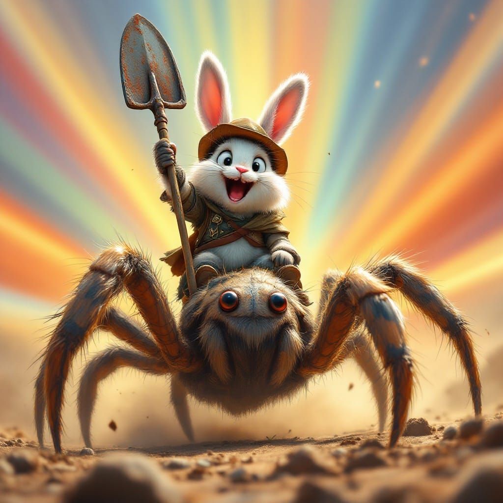 Cartoonish Rabbit Rides Hyper-Realistic Paladin Spider