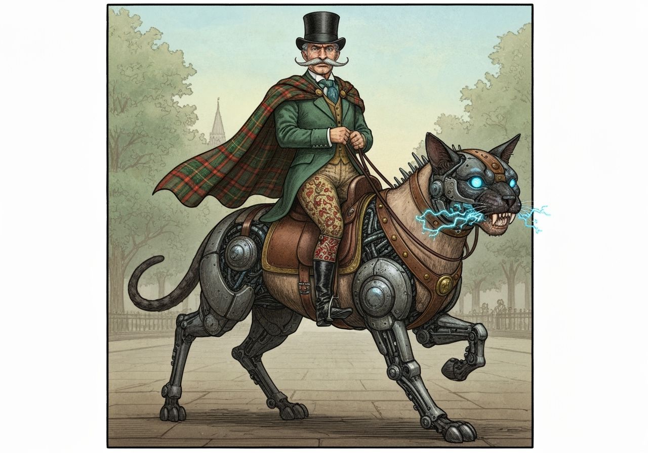 Steampunk Rider on Robotic Cat, Art Nouveau Style