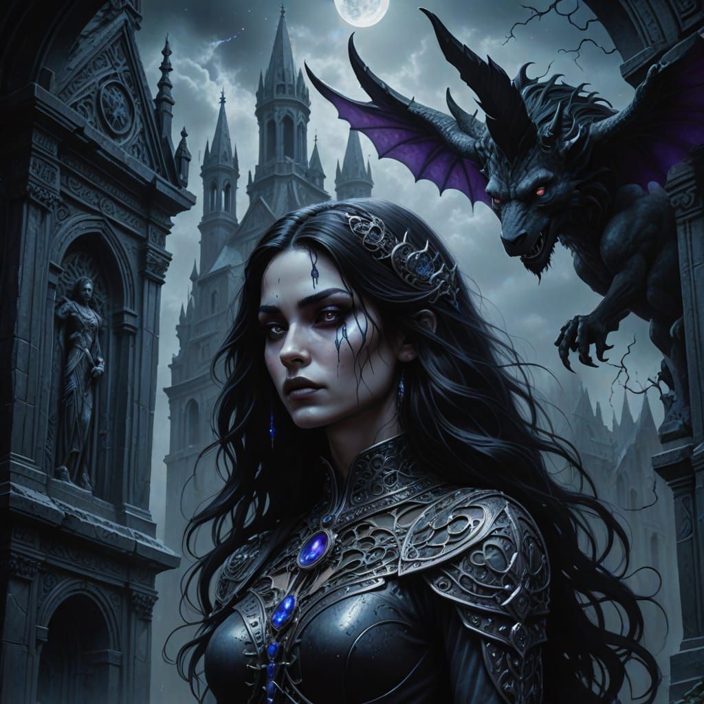 Gothic Woman in Moonlit Graveyard, Charcoal Drawing