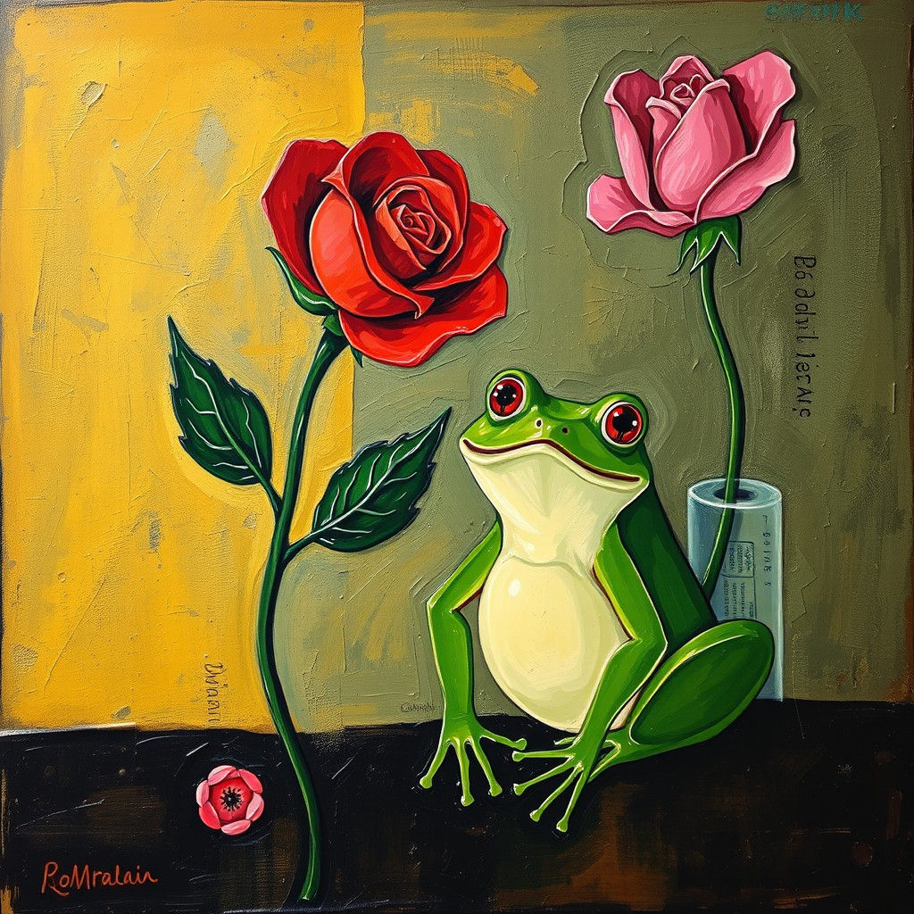 Red Rose and Anxious Frog in Cubist Style