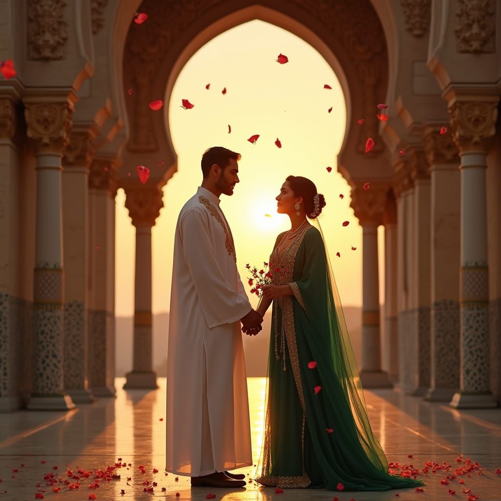 Regal Moroccan Couple Amidst Hassan Tower Ruins at Sunset