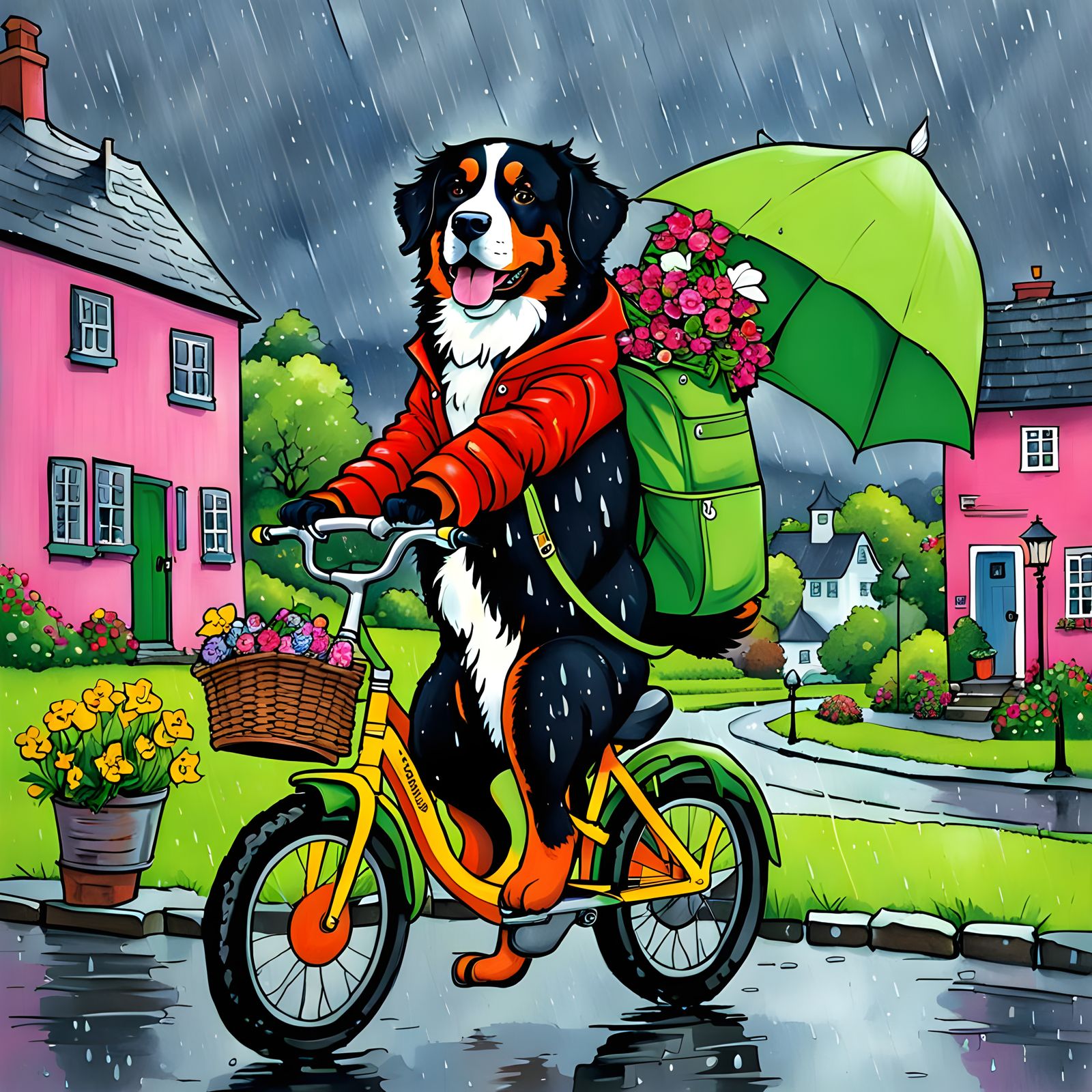 Springtime Joy: Anthropomorphic Bernese Mountain Dog on a Bi...