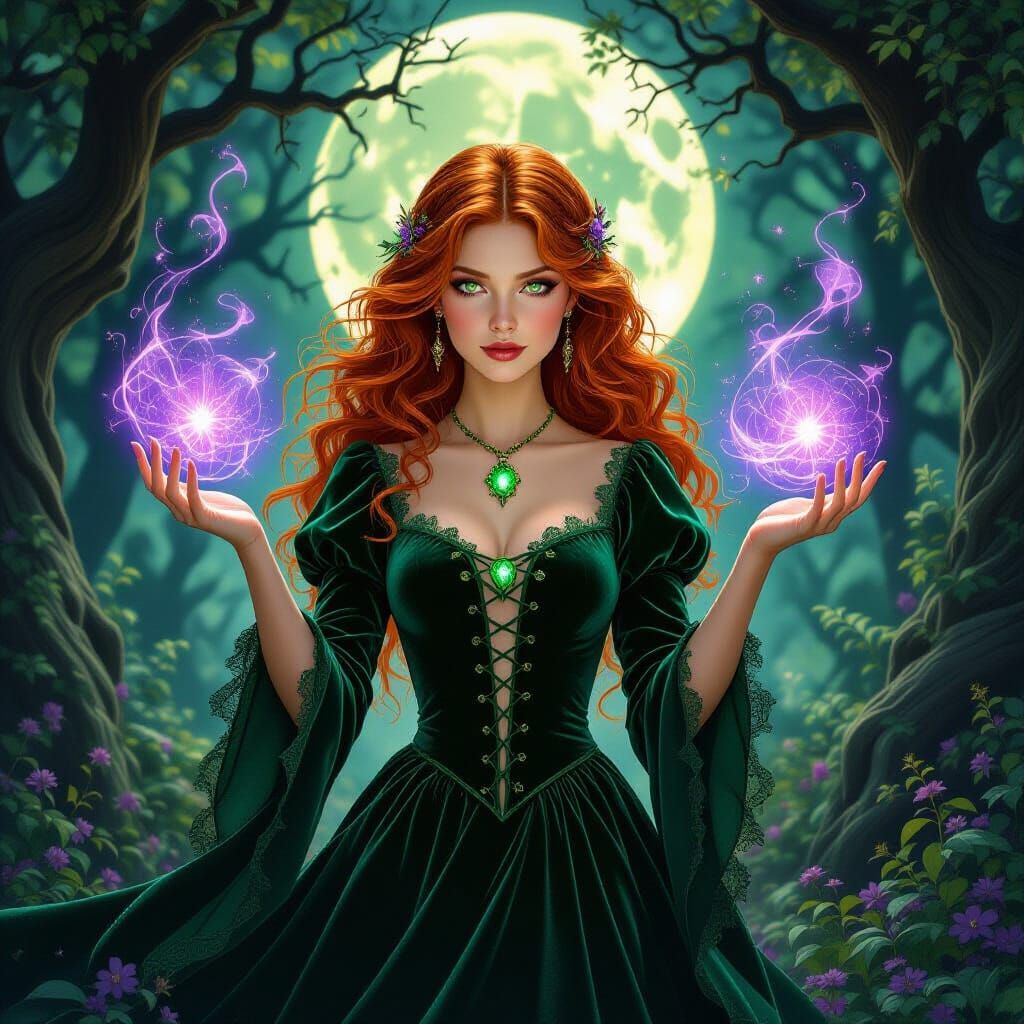 Young Witch Casting Love Spell in Moonlit Forest