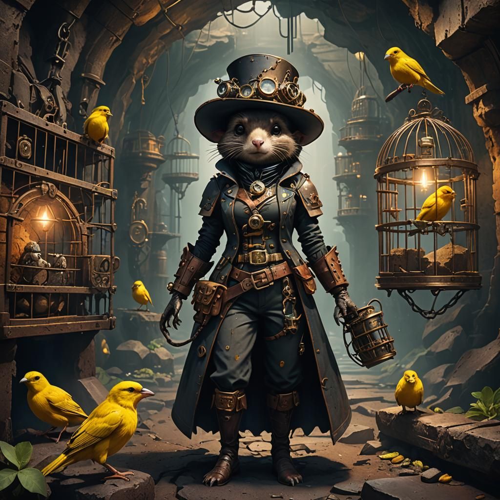 Steampunk Mole in Underground Cave with Canaries
