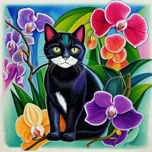 Cat and Orchids in Fauvist Style