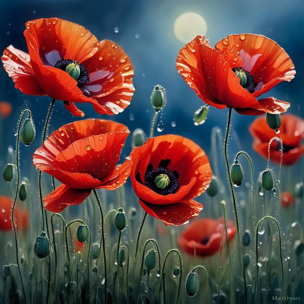 Scarlet Poppies in Dew: Expressionist Painting