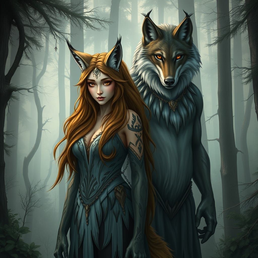 Mystical Beast Couple in Misty Forest