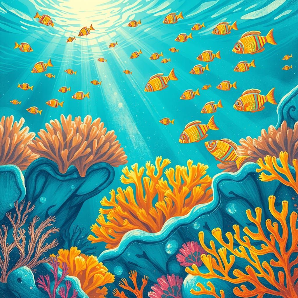Vibrant Underwater Wonderland in Whimsical Chalk Art Style