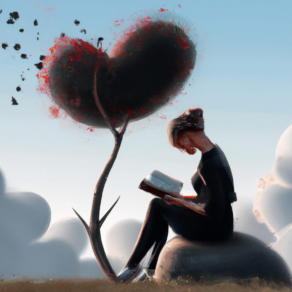 Girl Reading Under Tree with Heart Clouds