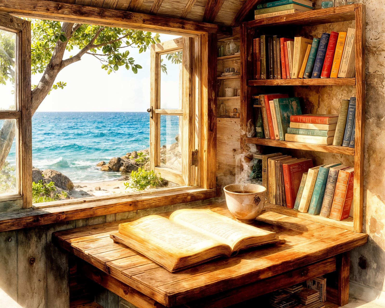 Cozy Seaside Reading Nook Watercolor Painting