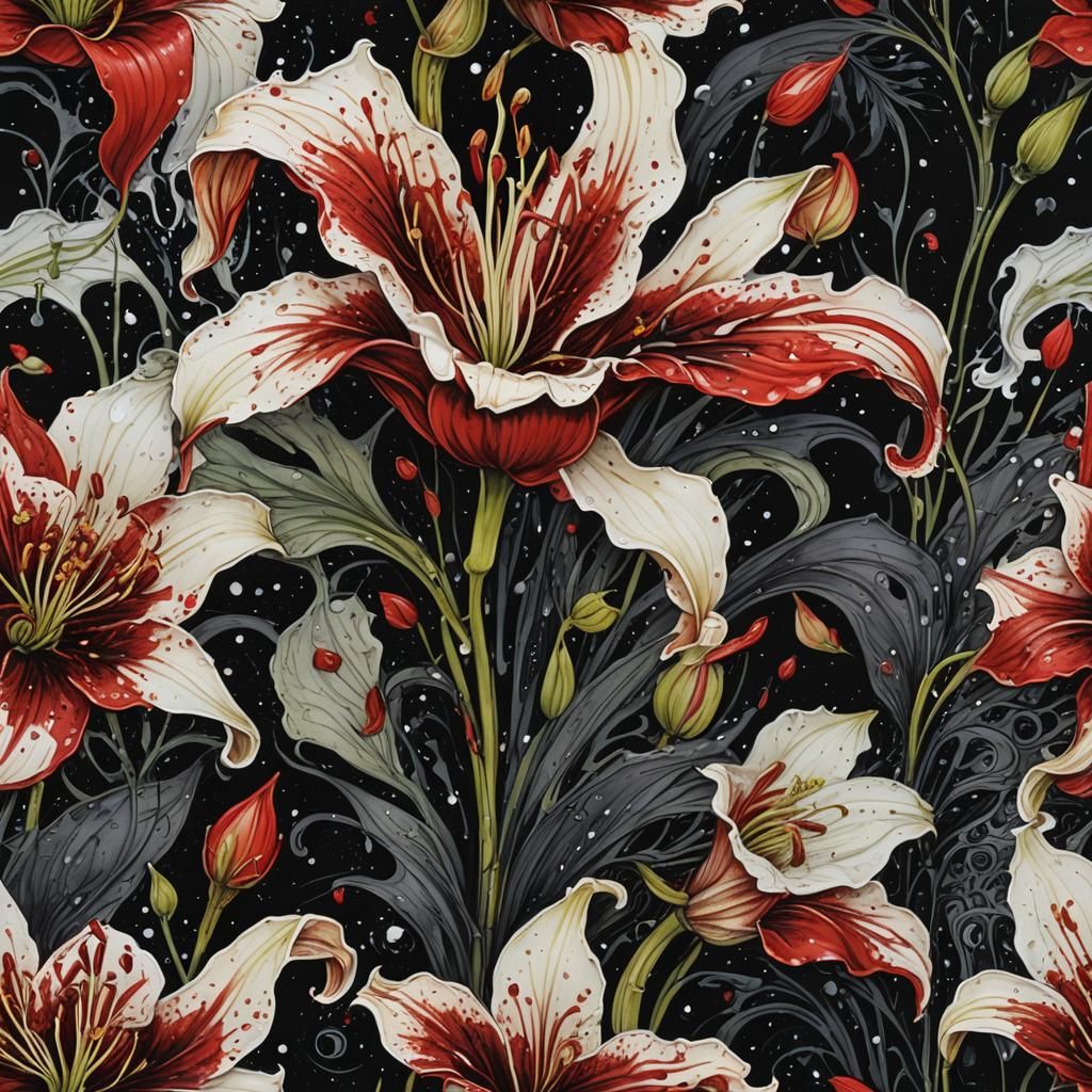 Carnivorous Lily in Moonlight: Acrylic and Ink Painting