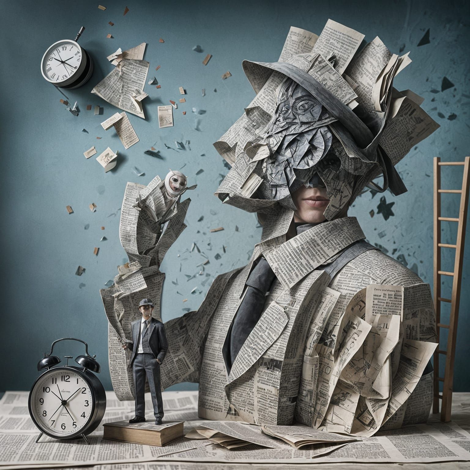 Surrealist Paper Man Collage on Newspaper