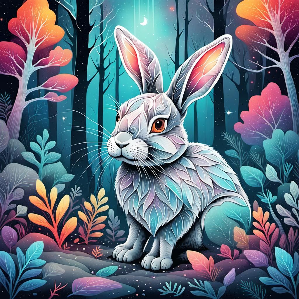 Whimsical Rabbit in Forest Line Art Illustration