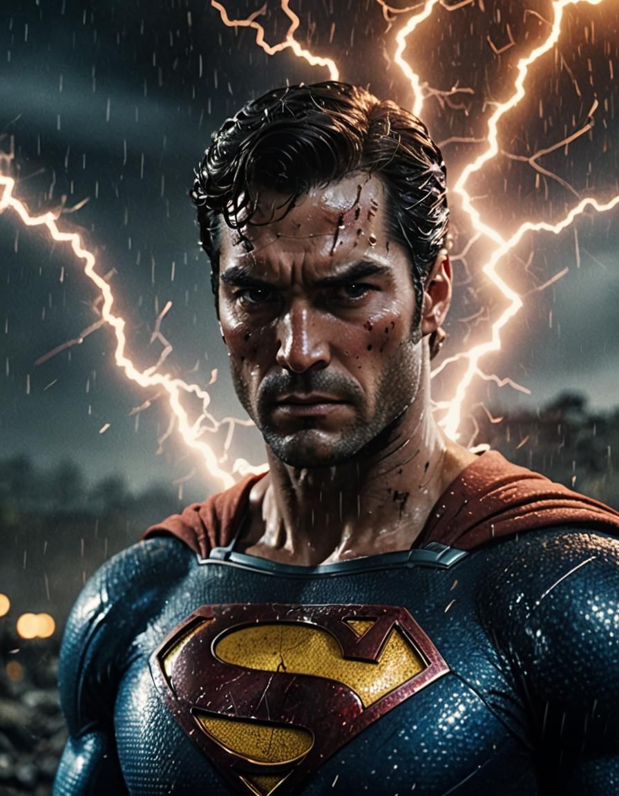 Superman. Close up. Sparks. Lightning. Cinematic lighting. )...