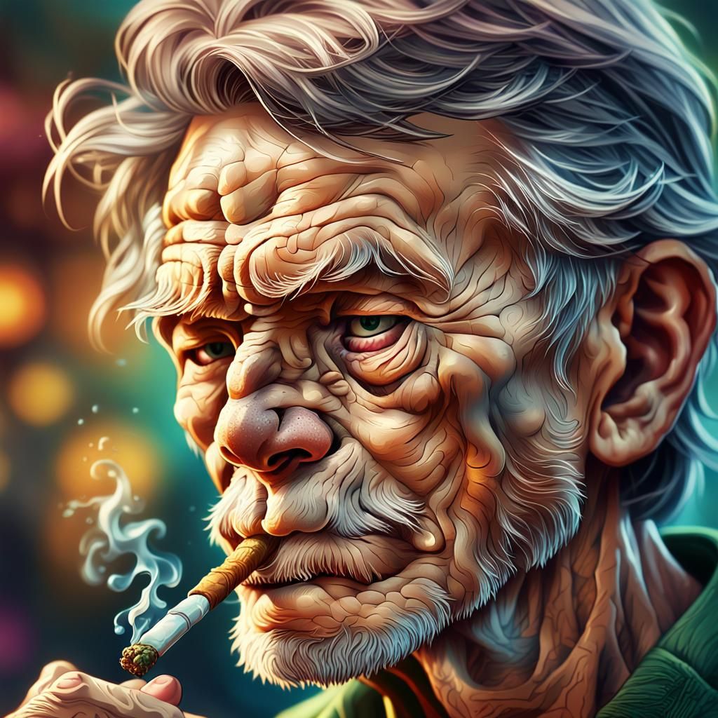 Manga Art of Elderly Man Smoking