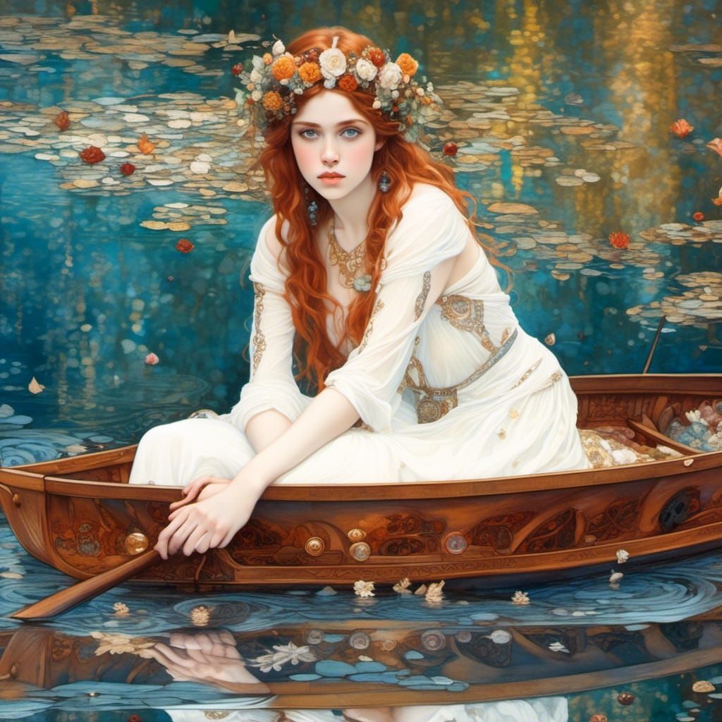 Sad Woman in Wooden Boat: Fantasy Art